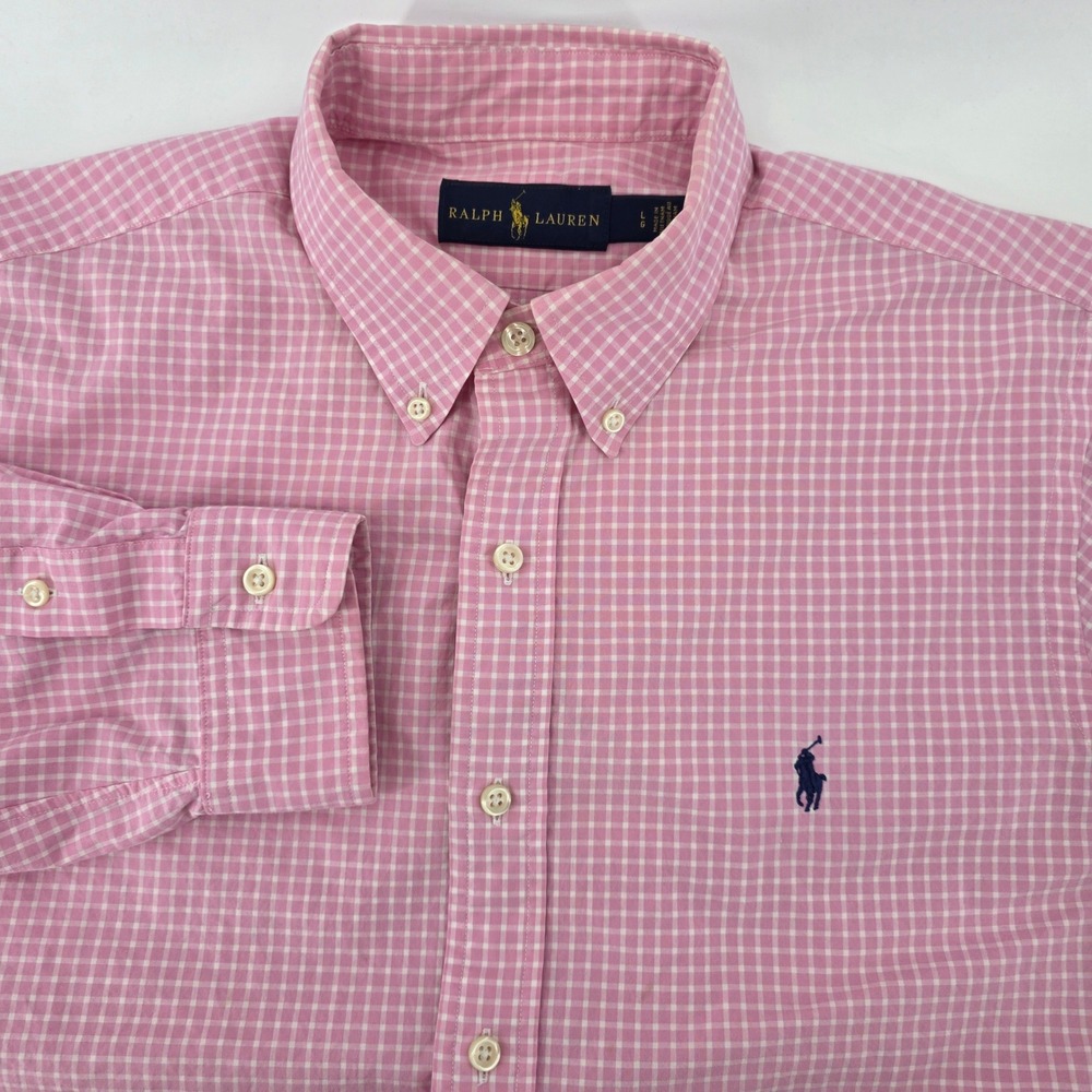 Ralph Lauren Mens Pink Gingham Check Button Down Shirt Large Long Sleeve Pony